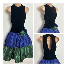 Vintage 80s Black Purple & Green Velour & Taffeta Xmas Party Prom Dress 10-12