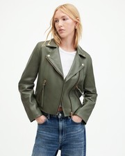 AllSaints Women's Dalby Biker Jacket Green Lamb Leather Cropped Slim Zip Size 6