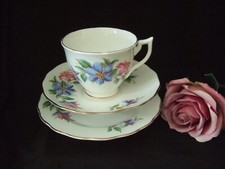 Vintage Melba Bone China Tea Trio Teacup, Saucer & Tea Plate Pink & Blue Floral
