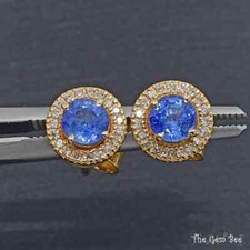 7mm 14k Yellow Gold Natural Cornflower Blue Ceylon Sapphire Diamond Halo Studs