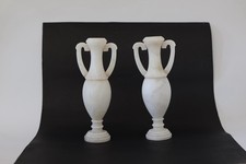 Pair Vintage White Marble Onyx Vases 10” Tall Greek Urn Style