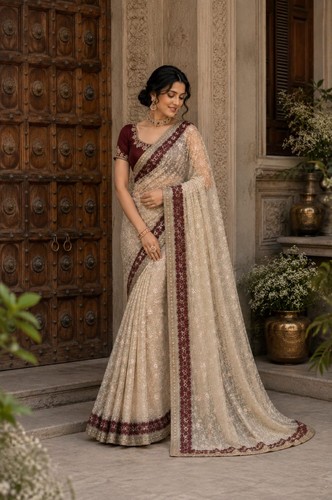 Indian embroidered saree - embroidered, beige