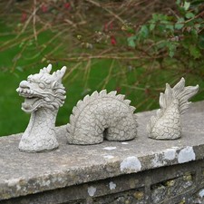 Large 3 Pc Chinese Dragon Stone Statue | Outdoor Garden Ornament Oriental Decor