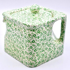 Art Deco Burleigh Felicity Cube Teapot 4" Green Floral Porcelain 1930s Vintage