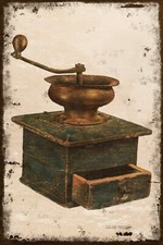 Vintage Coffee Grinder Illustration No.1, Aged Look, Printed on New Metal Sign