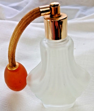 Vintage frosted ribbed glass perfume bottle with atomiser - 12cm high x 7cm wide