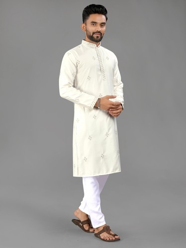 Men white embroidered kurta - men's,