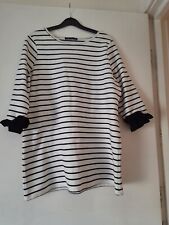 M&S Size 16 Ivory & Black Striped Long Cotton Jersey Top Ruffle  Cuff Immaculate