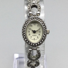 Horseshoe Link Womens Silver Tone Watch 18mm Marcasite Oval New Battery 6.75"