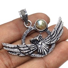 Fiery Labradorite 925 Silver Plated Owl Pendant 1.5" Stylish Jewelry AU Z425