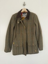 Joules Tweed Field Coat Jacket Size UK 10 Toad Green Wool Check Country Hacking