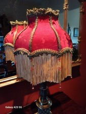 Parlour  Victorian beaded lampshade .shimmery ruby red damask.Metalic braids 12"