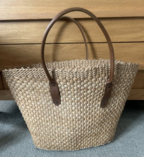 Rustic French Style Weaved Shopping Beach Basket Bag Leather Straps Straw/Rattan