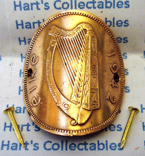 VINTAGE WALKING STICK BADGE/MOUNT EIRE/IRELAND GENUINE COPPER PENNY (DATES VARY)