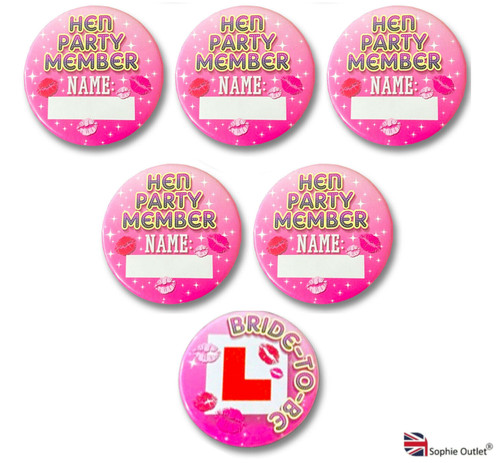 6pk hen party pink badges - 6pk,