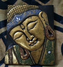 Wooden Wood Panel 24.5cm Brown Gold Buddha Tall  Wall Art Plaque Handcarved