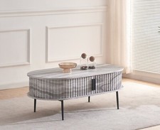 Coffee Table Oval Grey Marble Effect Sliding 2 Door Storage with Slatted Panels