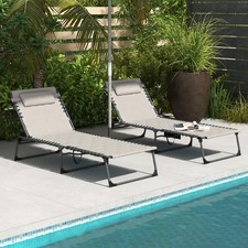 Set of 2 Foldable Sun Loungers with 5-Position Reclining Back Garden Chair Beige