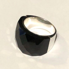 Black Stone Silver Ring Faceted CZ 15mm WIDE Large Ladies Ring SIZE P 1/2