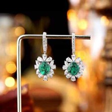 7.42Ct Oval Natural Columbian Emerald Diamond Earring Stud 14K Real White Gold