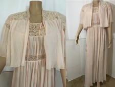 Vtg Pleated CHIFFON Long NIGHTGOWN PEIGNOIR Bed Jacket Set Sheer 18/L Barbizon