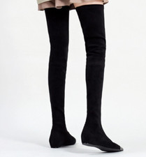 Womens Suede Over The Knee Thigh Boots Flat Metal Pointed Toe Pull On Stretch