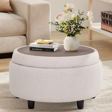 Fabric Round Storage Ottoman Reversible Tray Footrest Hidden Coffee Table Beige