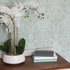 nu wallpaper NOMAD DAMASK GREEN easy peel & stick removable wallpaper
