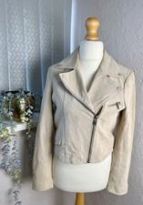 Mango Genuine (Pigskin) Leather Jacket M (10) Beige 🧥 Soft  Zip-Up detail GC