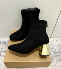 Womens Black Faux Suede Ankle Boots Gold Block Heel Elegant Mid Heel Boots UK 3