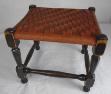 Vintage Wooden Stool Woven String Seat Dark Stained Frame Top Shades of Brown