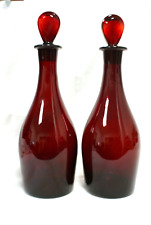 Pair Georgian Style Ruby Red Glass Decanters With Stoppers, Gorgeous