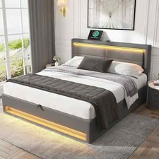 4ft6 Double Bed with Under Storage and USB Charging, Wooden Double Bed Frame LED
