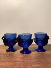 3 Vintage Verriere D’Arques Le Vieux Pané Blue Glass Egg Cup France 6.75cm Tall