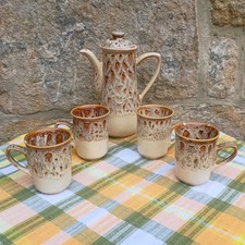 Vintage Fosters Pottery Cornwall Coffee Pot + 4 Mugs Blonde Honeycomb Drip Glaze