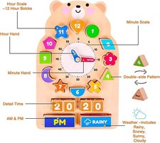Wooden Shape Sorter Teaching Clock Early Learning Puzzle Toy Stacking Jigsaw UK