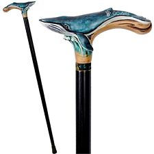 Blue Whale Wooden Walking cane stick Hand Crafted Handle Black Shaft Sea Style