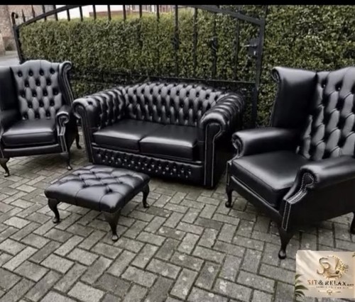 Black leather chesterfield - leather,