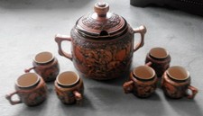 Rare German Ceramic / Stoneware Punch Bowl & Mugs - Hunting Scene - PERFECT