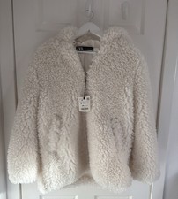 Zara Cream /White Hooded Jacket Coat Faux Fur Coat Size S New With Tags