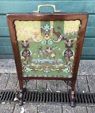 Vintage Glass Fronted Mahogany Tapestry Needlepoint Fire Screen Brass Handle
