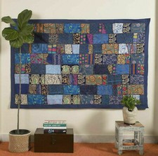 Indian Blue Cotton Vintage Patchwork Ethnic Wall Tapestry Hanging 40" X 60"