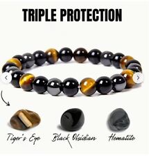 Obsidian Tiger Eye Hematite Bracelet Triple Protection Bangle 6-8Inch Women Men