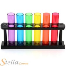 6 Multi Coloured Test Tube Shooters Rack Novelty Shot Glasses Party Drinking Fun