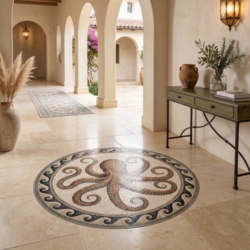 Octopus marble mosaic floor - octopus,