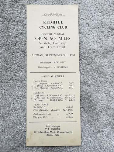 1950 redhill cycling - redhill, club,