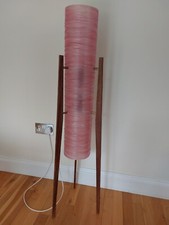 VINTAGE 'ROCKET' FLOOR LAMP WITH PINK FIBREGLASS SHADE & WOODEN TRIPOD FRAME.