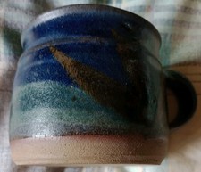 Studio Pottery Mug   Stoneware 1 blue & green  Abstract unknown pottery 2.9inch