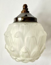 Vintage original French glass ceiling light shade sculpted globe + fittings 30s
