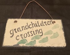 Grandchildren Crossing Sign Slate Leather Hanger Child Footprints Cream & Green